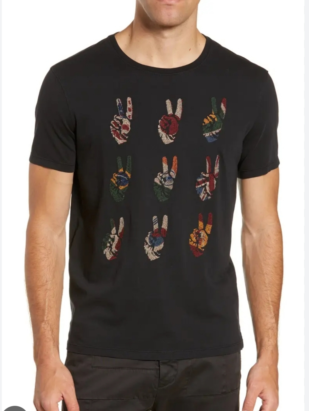 JOHN VARVATOS USA BLACK TSHIRT INTERNATIONAL FLAGS FINGERS IN PEACE SIGN XL